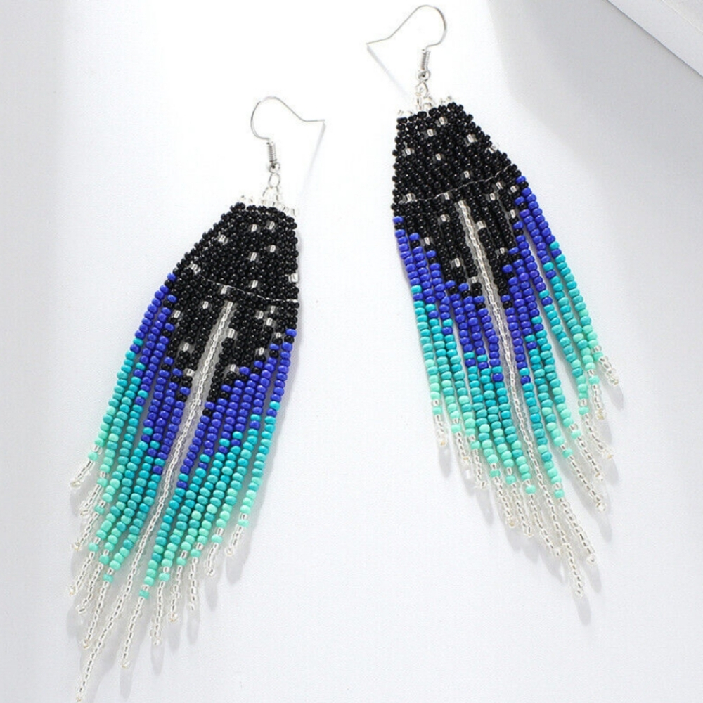 Long 5" Turquoise Blue & Black Beaded Large Oversized Bohemian Handmade Earrings